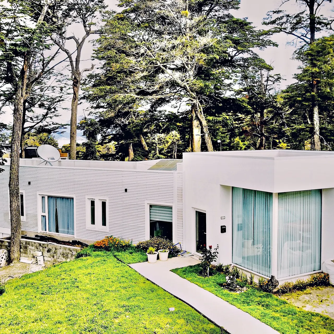 Vivienda blanca de una planta con esquina vidriada entre árboles